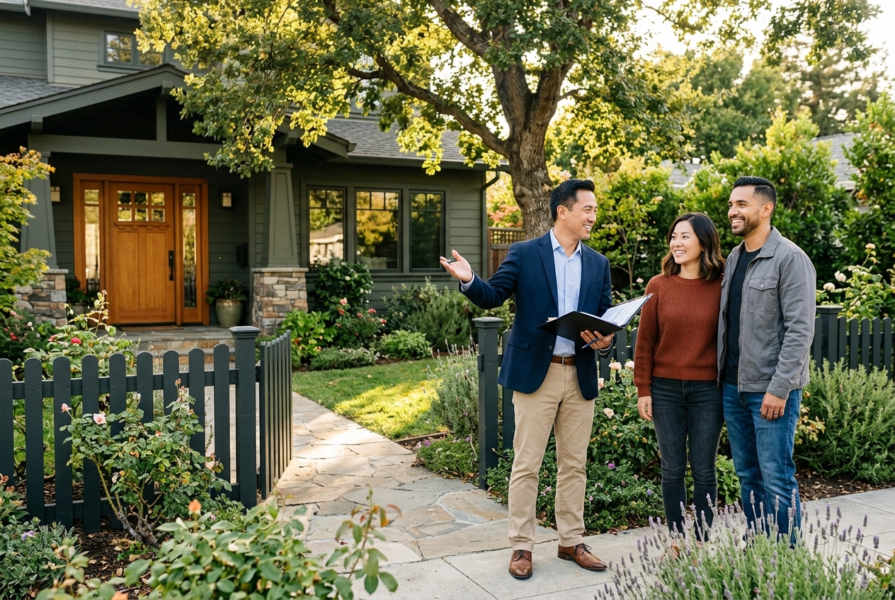 Equitas real estate agent reviewing a home valuation with clients in front of a Silicon Valley home